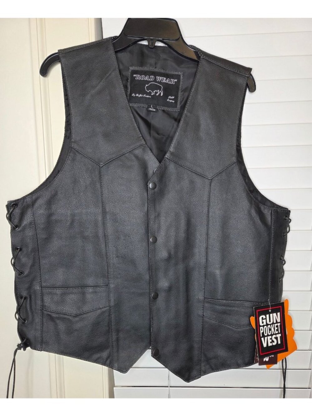 NEW Mens Black Leather Vest Concealed Carry Gun Pocket Side Laces L Moto western